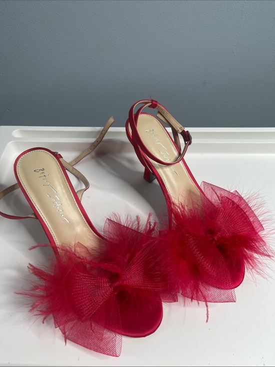 Betsey Johnson Shoes - Betsey Johnson Lotty Red Satin Feather Stiletto Sandals Size 8